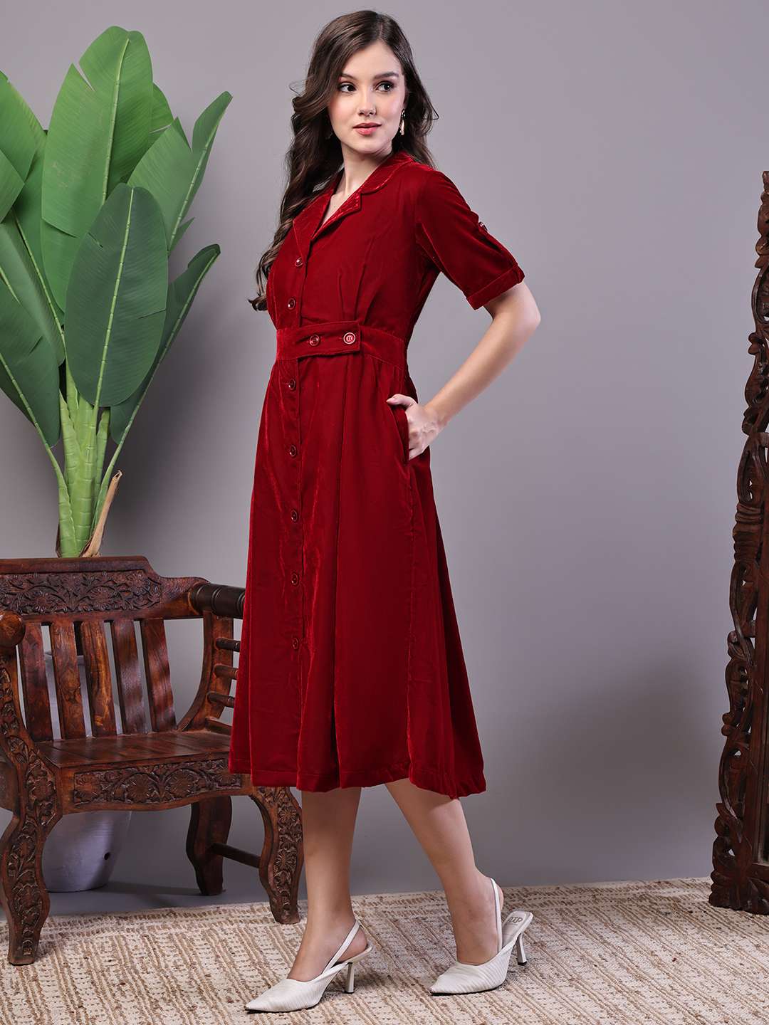 Women's Maroon Velvet Solid Printed Shirt Midi Dress with Belt - Image 3
